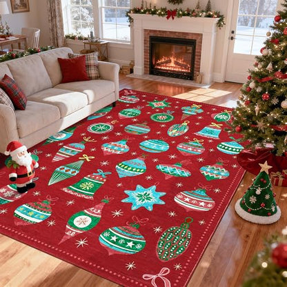 Christmas Rug 5x7 Feet - Red Festive Holiday Decor Non Slip Stain Resistant Low Pile Area Rug with Christmas Balls