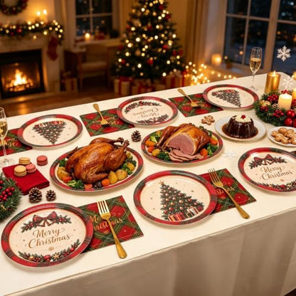 Christmas Tree & 100Pcs Buffalo Plaid Paper Plates and Napkins Set - Red & Green
