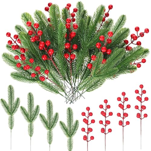 Christmas Pine Branch Picks with Red Berries - Needle Style - 200 Pieces