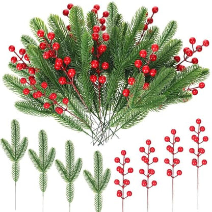 Christmas Pine Branch Picks with Red Berries - Needle Style - 200 Pieces