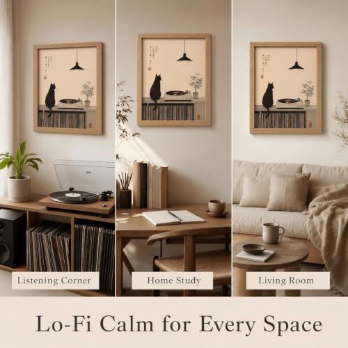 Japanese Cat Record Player Wall Art - Framed 10x8 Inches, Minimalist Music Decor