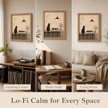 Japanese Cat Record Player Wall Art - Framed 10x8 Inches, Minimalist Music Decor