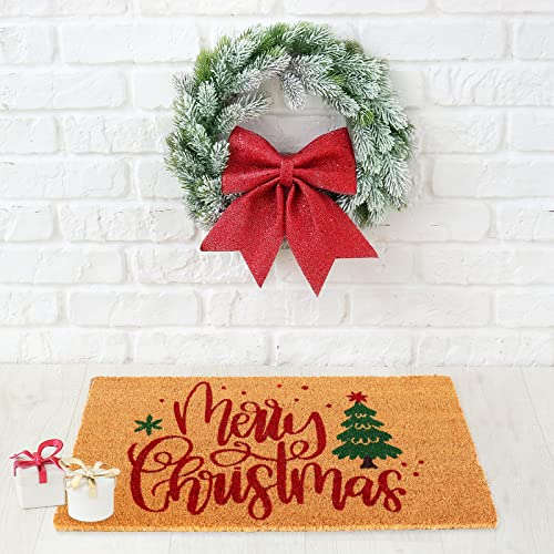 Christmas Door Mat - Natural Coir Xmas Tree & Merry Christmas Print, Non-Slip Indoor Outdoor 17x29 Inch
