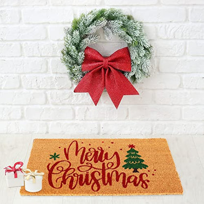 Christmas Door Mat - Natural Coir Xmas Tree & Merry Christmas Print, Non-Slip Indoor Outdoor 17x29 Inch