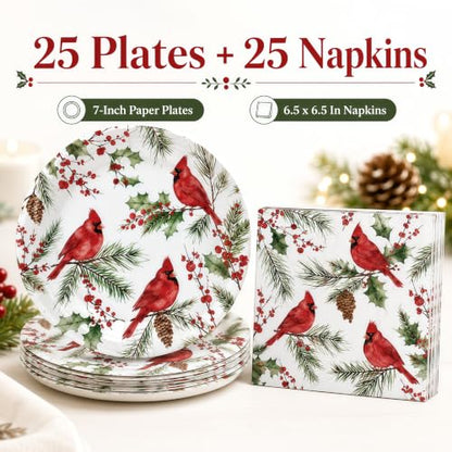 Christmas Paper Plates and Napkins Set - Cardinal Holiday Design - 50 Pieces