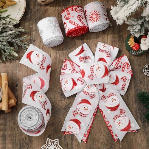 Christmas Glitter Wired Edge Ribbon Snowman Snowflake Candy Set - 4 Rolls, 24 Yards