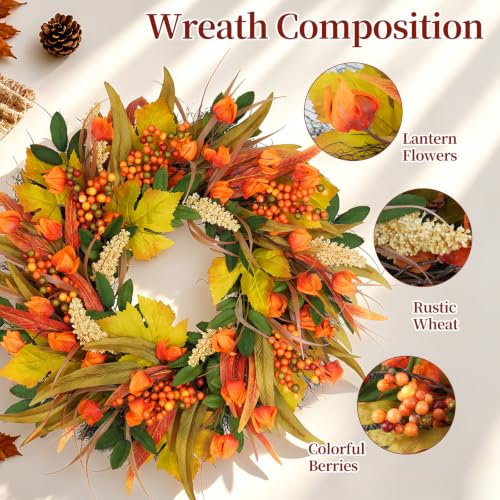 22 Inch Fall Harvest Wreath with Lantern Flowers and Wheat - Front Door Decor