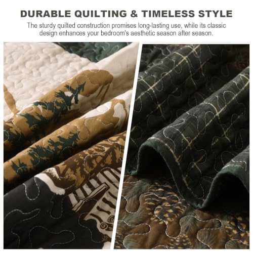 King Cotton Quilt Set with Deer and Bear Wildlife Design - Reversible, Rustic Lodge Bedding - Green/Brown/Beige, 98x106 inches