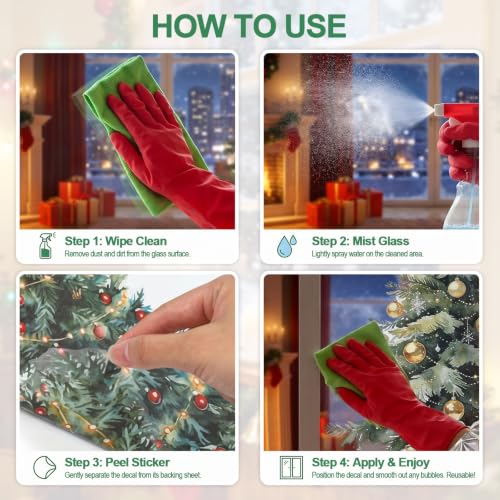 Large Christmas Window Clings - Watercolor Retro Holiday Tree Decor 35.4"