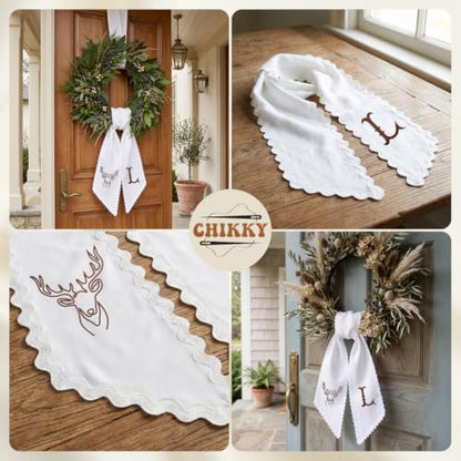 Fall Wreath Sash for Front Door Decor - Monogram Embroidered Pumpkin Linen Ribbon - F01
