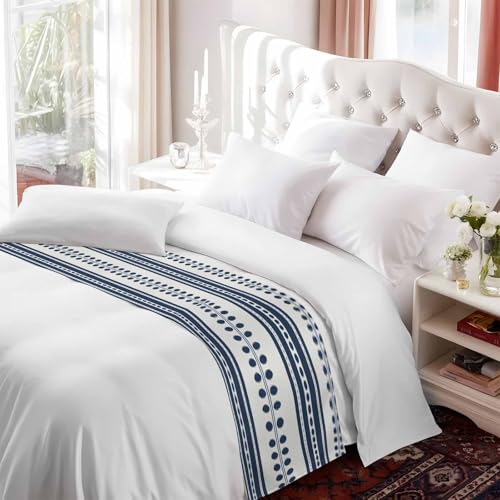 Cal King Bed Runner Blue Stripes Decorative Bed Scarf 102x20in - Soft Satin