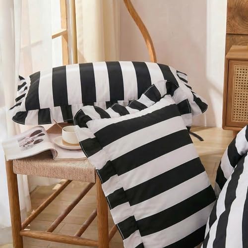 King Size Cotton Comforter Set Black & White Wide Stripes Ruffled Edges - All Seasons