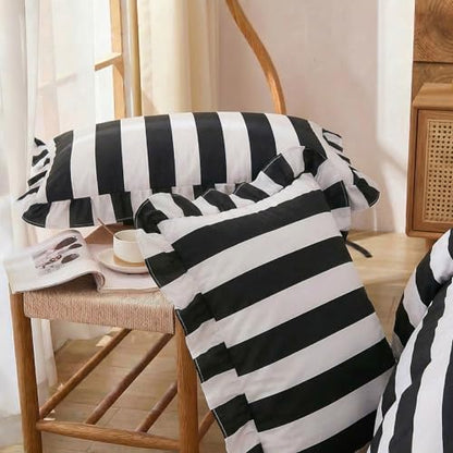 King Size Cotton Comforter Set Black & White Wide Stripes Ruffled Edges - All Seasons
