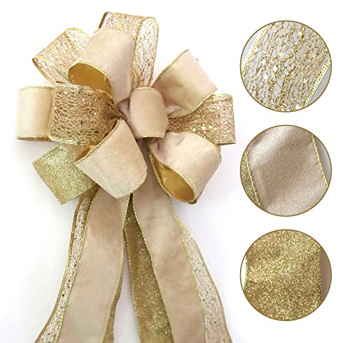 Large Christmas Tree Topper Bow with Glitter Satin Streamers - 43x13 Inches