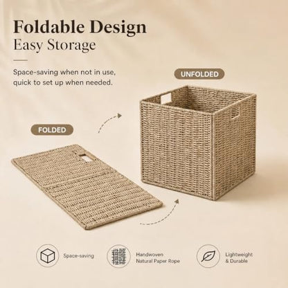 Wicker Storage Basket Set of 2, 13x13x13 Inch Foldable Cube Bins with Handles