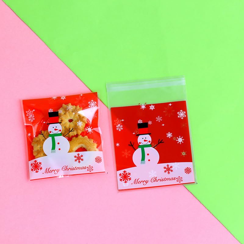 SCHOLMART Self Adhesive Sealing Cookie Bag, Cellophane Gift Treat Bags Snowman Cookie Bag for Christmas, Christmas Party Snowman Cookie Bag (100 Pack)