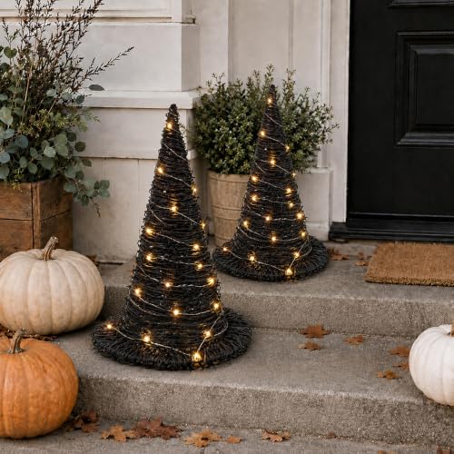 Halloween Rattan Witch Hat Decor with String Lights - 2 Pieces Table Centerpieces
