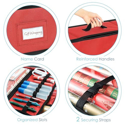 Red Large Gift Wrap Storage Container with Ribbon Dispenser and Pockets