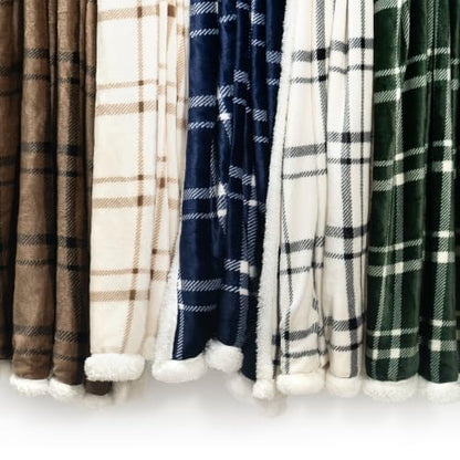 Cream Fleece Sherpa Throw Blanket 60x80 Inches Tattersall Design