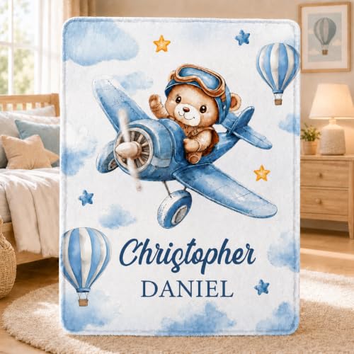 Personalized Baby Boy Blanket with Name - Aviator Teddy Bear & Airplane Flannel Throw - Blue Nursery Bedding - Blanket #3