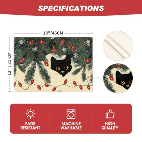 Christmas Cat Placemats Set of 4 12x18 Inch Seasonal Holiday Table Decor