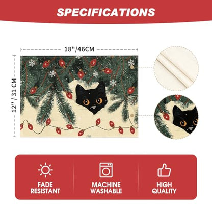 Christmas Cat Placemats Set of 4 12x18 Inch Seasonal Holiday Table Decor