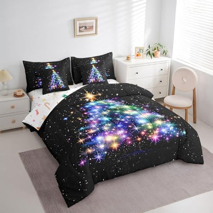 Feelyou Glitter Christmas Tree Comforter Set with Galaxy Sheets Black Queen Size 7 Pieces