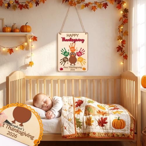 Thanksgiving Turkey Handprint Art Craft Kit with Wooden Sign & 3D Turkey Design - Baby & Toddler DIY Holiday Decor