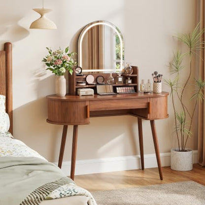 43" Walnut Makeup Vanity Desk with LED Arched Mirror, Storage & Lights - 17.71"D x 43.3"W x 54.72"H
