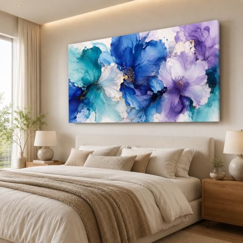Aqua Indigo Bloom Floral Canvas Wall Art - 58x28 Inch Framed Botanical Decor