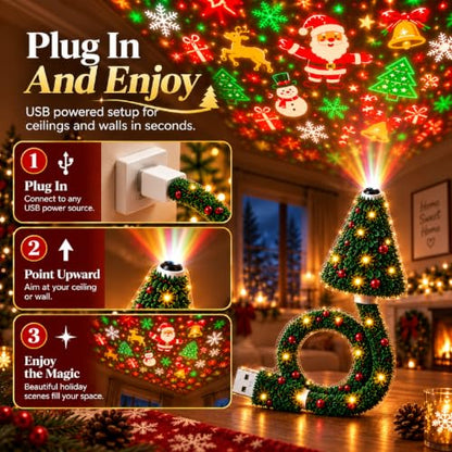 Indoor Christmas Projector with 6 Holiday Patterns - 2PCS USB Tree Lamp Set