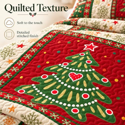 Christmas Quilt Set Queen - Red 3-Piece Tree Bedspread & Pillow Shams - Seasonal Bedding