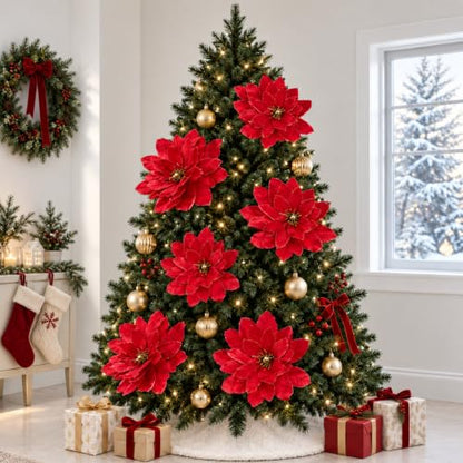 Artificial Christmas Poinsettia Flower Set - Red & Gold, 16 & 12 Inch