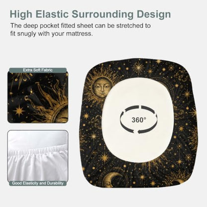 Galaxy Fitted Sheet Set King Space Bedding with Sun Moon Stars - Gold Sun Moon / King