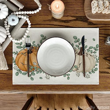 12x18 Inch Fall Placemats Set of 6 - Orange Pumpkin Eucalyptus Seasonal Table Decor