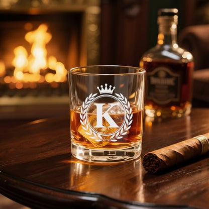 Personalized Whiskey Glass for Men - Monogrammed A–Z 10 oz Old Fashioned Rocks Glass with Gift Box - Variation K