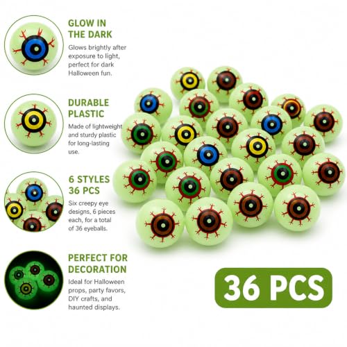Glow in the Dark Plastic Fake Eyeballs 36-Pack for Halloween Crafts & Pranks