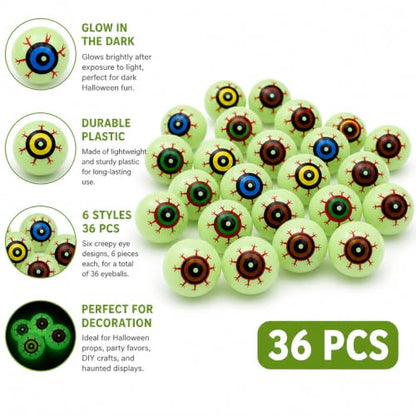 Glow in the Dark Plastic Fake Eyeballs 36-Pack for Halloween Crafts & Pranks