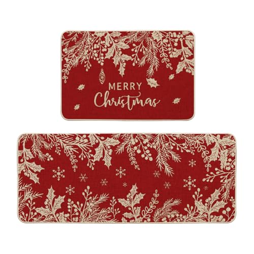 Christmas Holly Pine Branch Kitchen Mats Set of 2 - 24x35 & 24x59 Inches, Red Variation