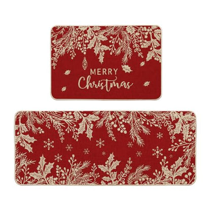 Christmas Holly Pine Branch Kitchen Mats Set of 2 - 24x35 & 24x59 Inches, Red Variation