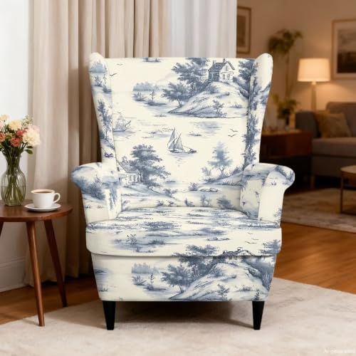 Blue Toile Scene Print Wingback Chair Cover 2-Piece Stretch Fit