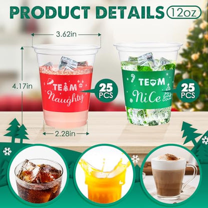 50 Pcs Christmas Disposable Plastic Cups 12 oz Naughty or Nice Team Design