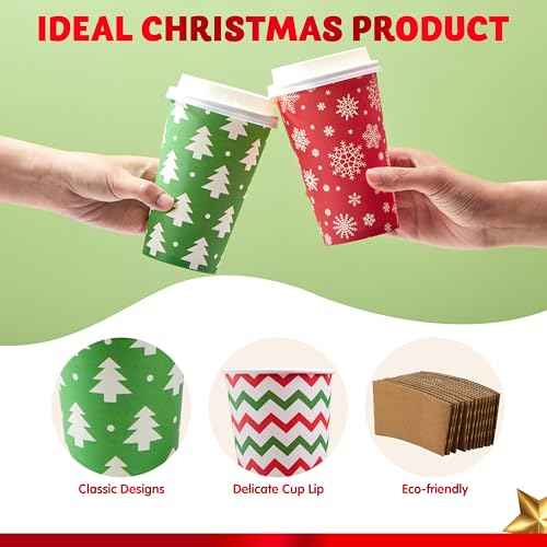 JOYIN 72 PCS Christmas Disposable Party Paper Cups, 16 oz Merry Christmas Coffee Cups With Sleeves and Lids, 6 Designs Xmas Tea Drinkware, Beverages Tableware Holiday Supplies Favors