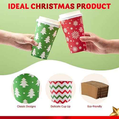 JOYIN 72 PCS Christmas Disposable Party Paper Cups, 16 oz Merry Christmas Coffee Cups With Sleeves and Lids, 6 Designs Xmas Tea Drinkware, Beverages Tableware Holiday Supplies Favors