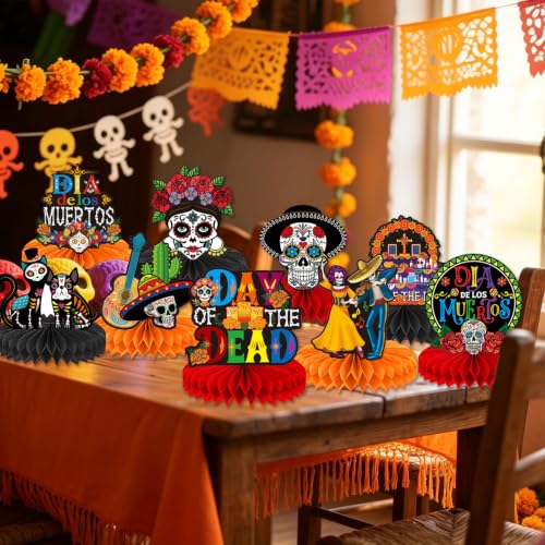 Day of The Dead Decorations 9 Pcs Colorful Honeycomb Table Centerpieces - Dia De Los Muertos