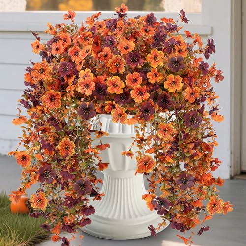 Artificial Fall Hanging Flowers Plants - Faux Silk Mums for Outdoor & Indoor Decor, 4 Pack - Fall Orange Brown
