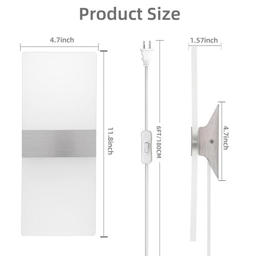 KICAAO Wall Sconces Set of Two, Modern Wall Sconce Plug in 10W 6000K Cool White Acrylic Wall Lights with 6FT/180cm Plug in Cord and On/Off Switch on The Cord