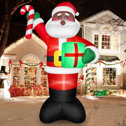 8 FT Tall Black Santa Inflatable Christmas Yard Decoration with LED Lights, Candy Cane & Gift Box - Outdoor Holiday Blow Up Santa Claus