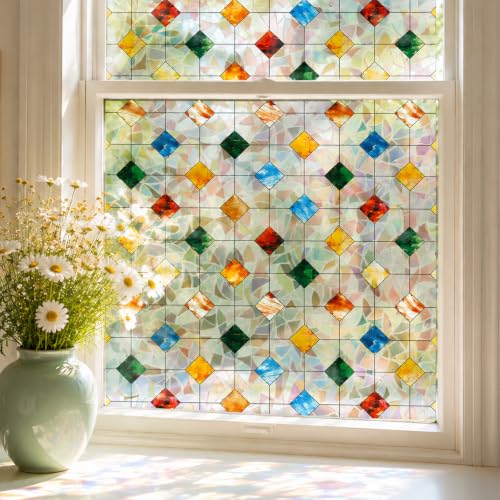 3D Stained Glass Window Privacy Film No‑Glue Static Cling with Installation Tools - Square Gem 17.5 x 78.7 Inch