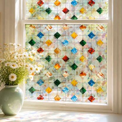 3D Stained Glass Window Privacy Film No‑Glue Static Cling with Installation Tools - Square Gem 17.5 x 78.7 Inch